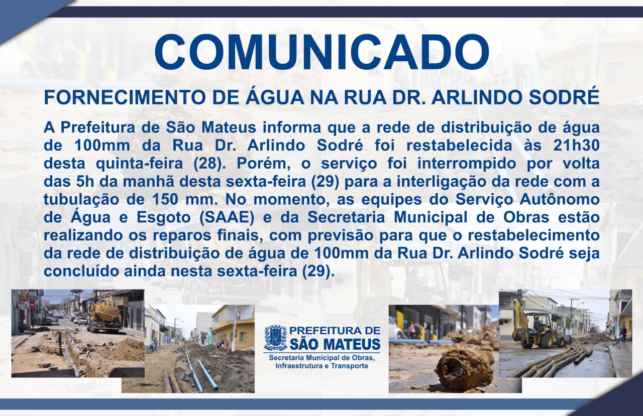 COMUNICADO – FORNECIMENTO DE ÁGUA NA RUA DR. ARLINDO SODRÉ