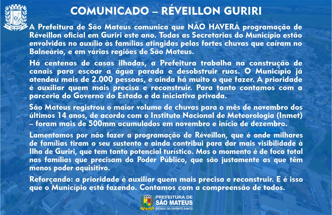 COMUNICADO – RÉVEILLON GURIRI