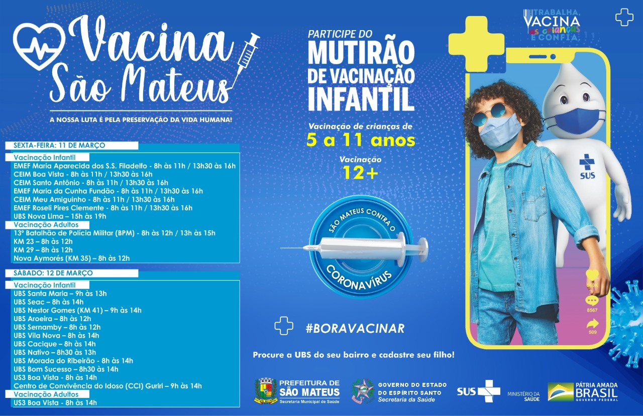 #BORAVACINAR! MUTIRÃO DE VACINAÇÃO EM SÃO MATEUS NESTA SEXTA E SÁBADO (11 E 12)