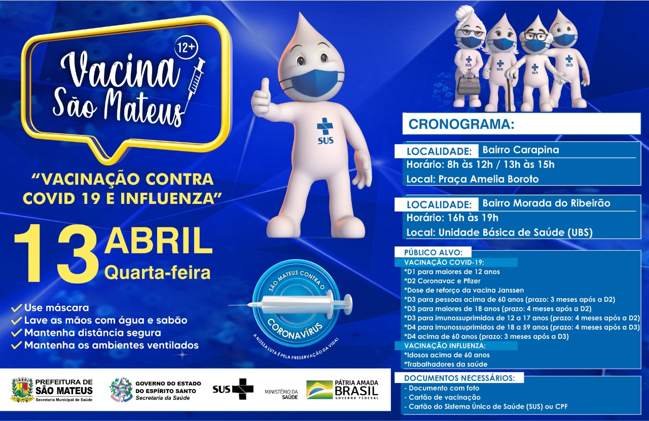 VACINAÇÃO CONTRA COVID PARA MAIORES DE 12 ANOS E CONTRA INFLUENZA NESTA QUARTA-FEIRA (13)