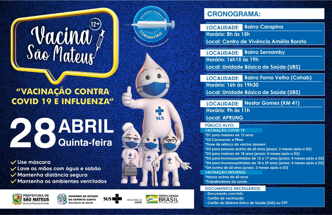 VACINAÇÃO CONTRA COVID PARA MAIORES DE 12 ANOS E CONTRA INFLUENZA NESTA QUINTA-FEIRA (28)