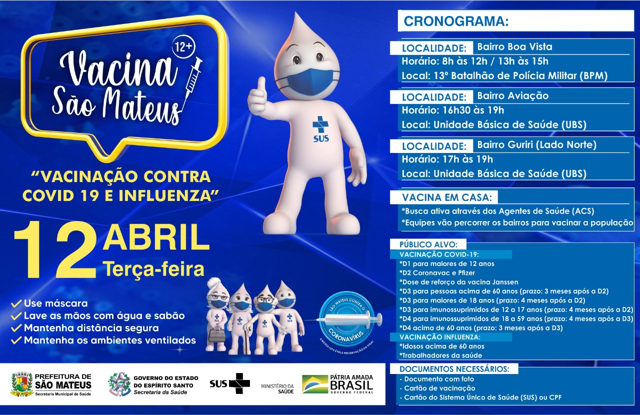 VACINAÇÃO CONTRA COVID PARA MAIORES DE 12 ANOS E CONTRA INFLUENZA NESTA TERÇA-FEIRA (12)