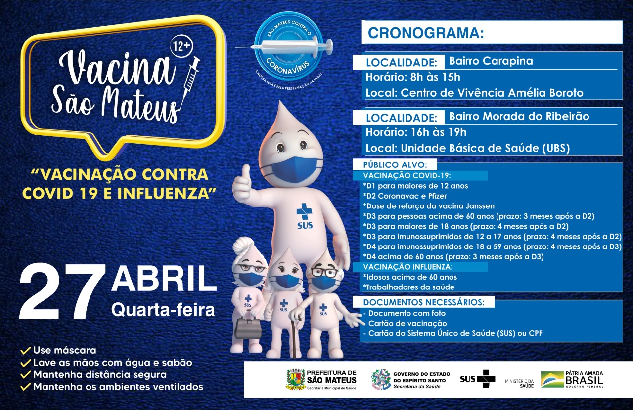 VACINAÇÃO CONTRA COVID PARA MAIORES DE 12 ANOS E CONTRA INFLUENZA NESTA QUARTA-FEIRA (27)