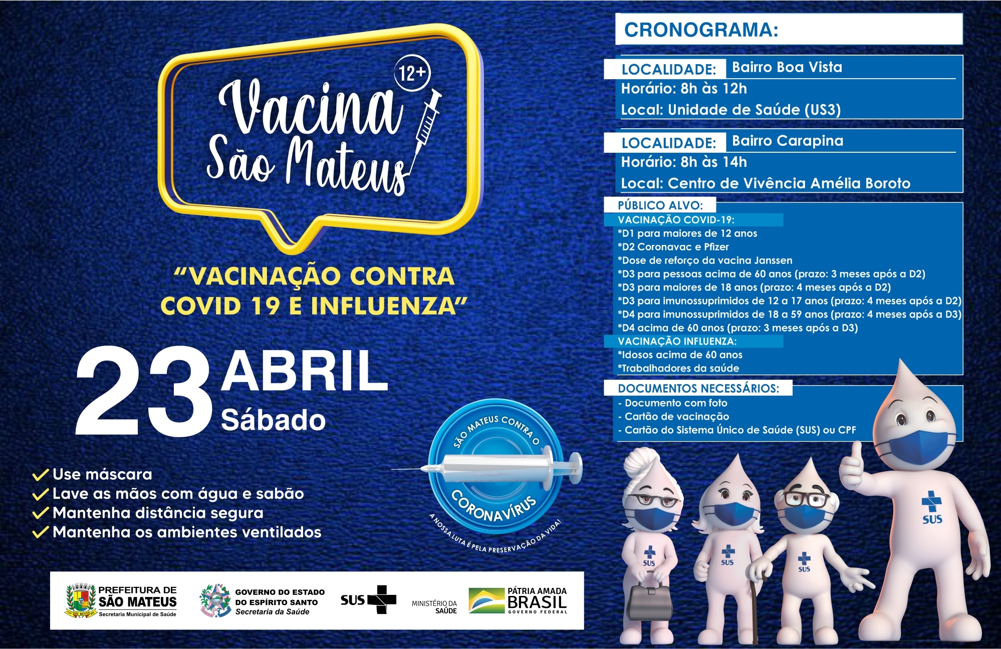 VACINAÇÃO CONTRA COVID PARA MAIORES DE 12 ANOS E CONTRA INFLUENZA NESTE SÁBADO (23)