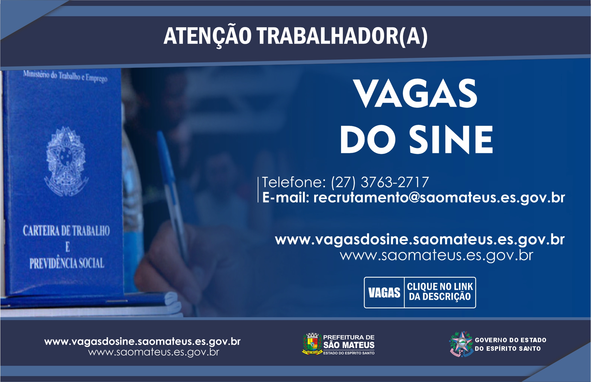 CONFIRA AS VAGAS DO SINE DE SÃO MATEUS DESSA QUINTA-FEIRA (20/05)
