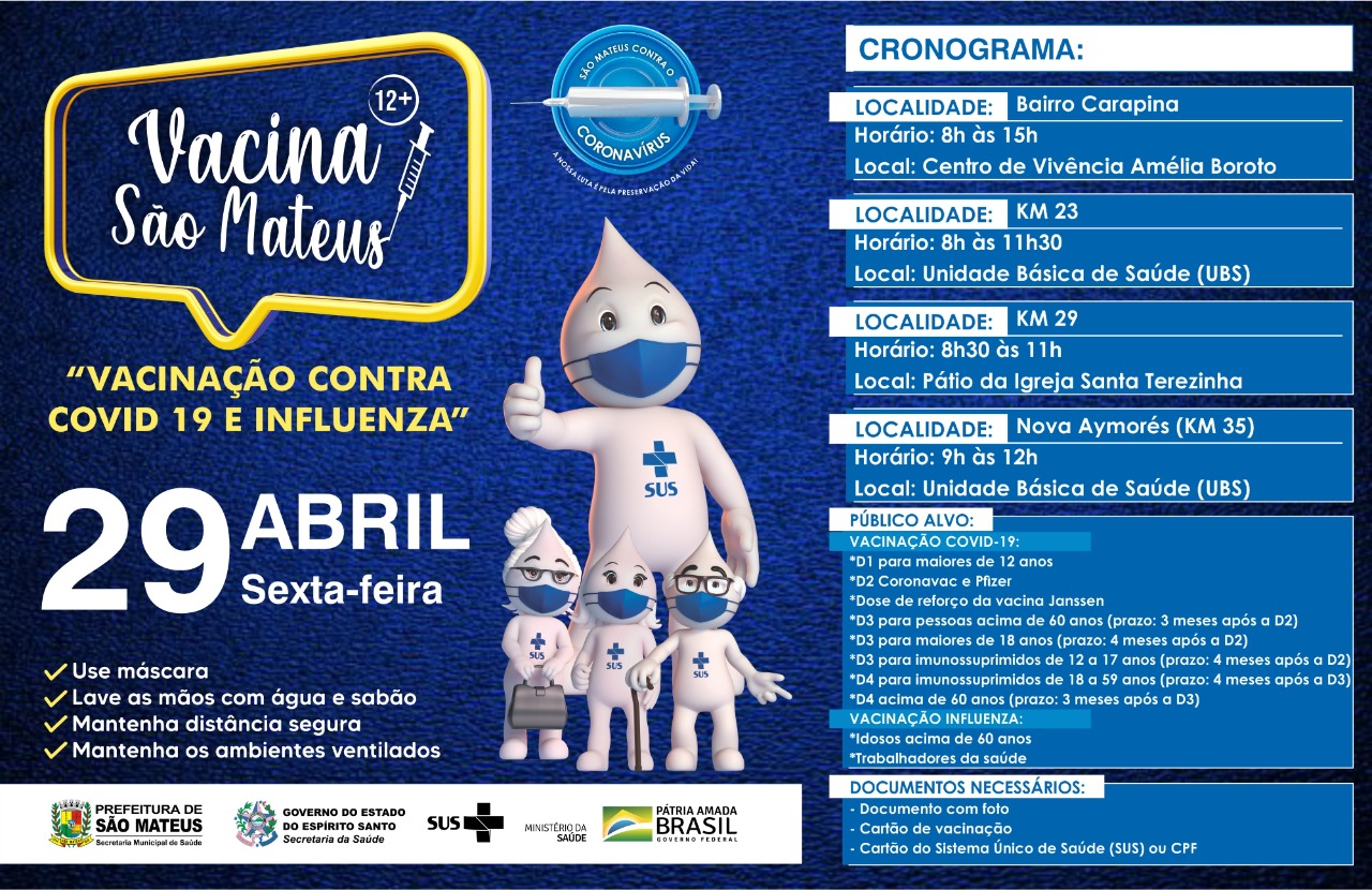 VACINAÇÃO CONTRA COVID PARA MAIORES DE 12 ANOS E CONTRA INFLUENZA NESTA SEXTA-FEIRA (29)