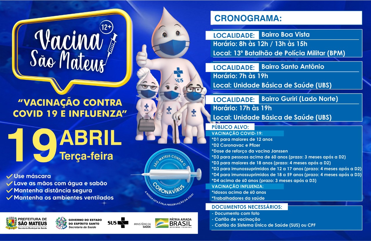 VACINAÇÃO CONTRA COVID PARA MAIORES DE 12 ANOS E CONTRA INFLUENZA NESTA TERÇA-FEIRA (19)