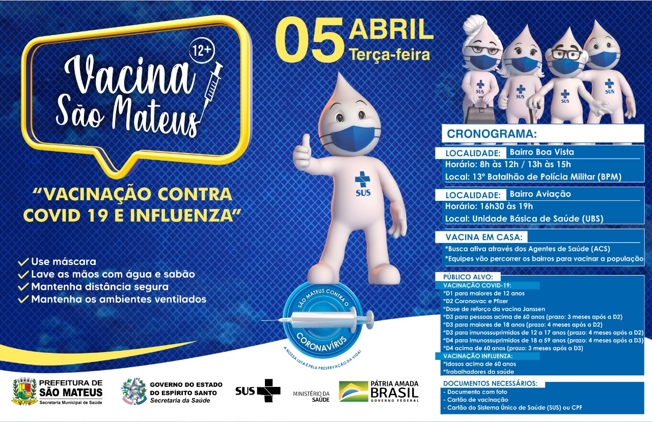 VACINAÇÃO CONTRA COVID PARA MAIORES DE 12 ANOS E CONTRA INFLUENZA NESTA TERÇA-FEIRA (05)