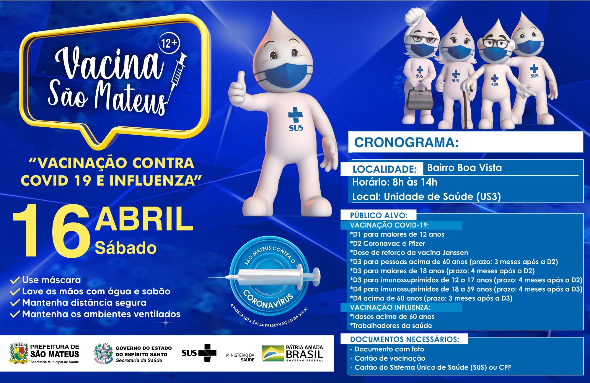 VACINAÇÃO CONTRA COVID PARA MAIORES DE 12 ANOS E CONTRA INFLUENZA NESTE SÁBADO (16)