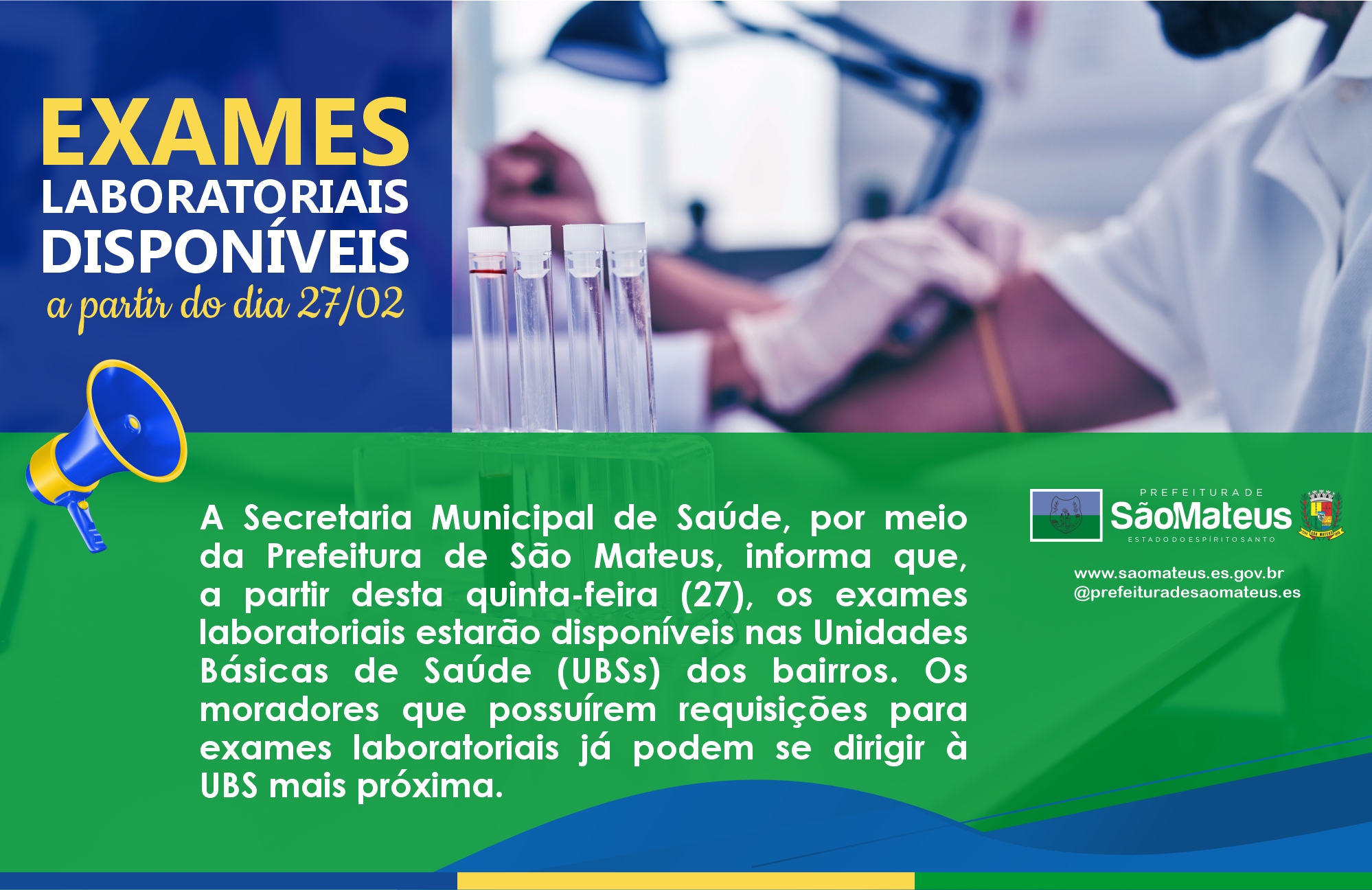 EXAMES LABORATORIAIS DISPONÍVEIS COM REQUISIÇÕES A PARTIR DESTA QUINTA-FEIRA (27) NAS UNIDADES BÁSICAS DE SAÚDE DE SÃO MATEUS